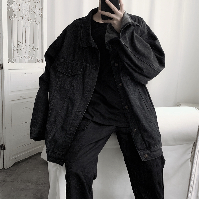 

2021 New Spring Black Retro Oversize Long-sleeve Jacket-sized Jeans Jacket-jacket Long Men. VH3Z