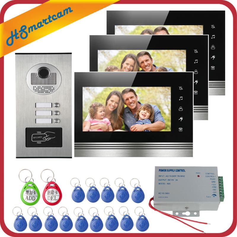 

Wired Home 7inch Color 3 Monitors Apartment Wired Video Door Phone RFID Audio Visual Intercom System