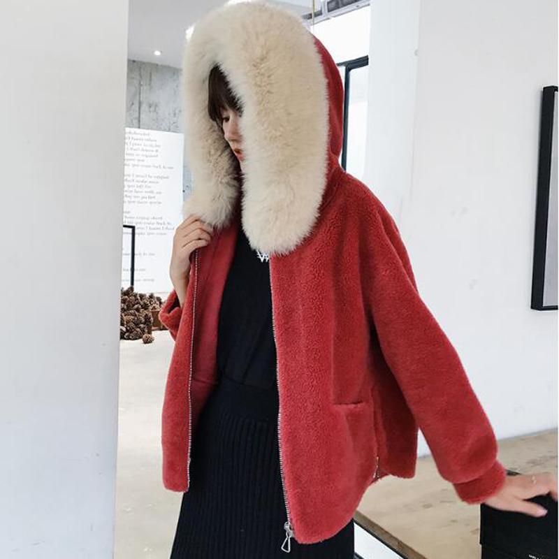 

Natural Real Coat Female Winter Fur Hooded Clothes 2020 Korean Short Sheep Shearing Jacket Women 100% Wool Tops K5617, Red