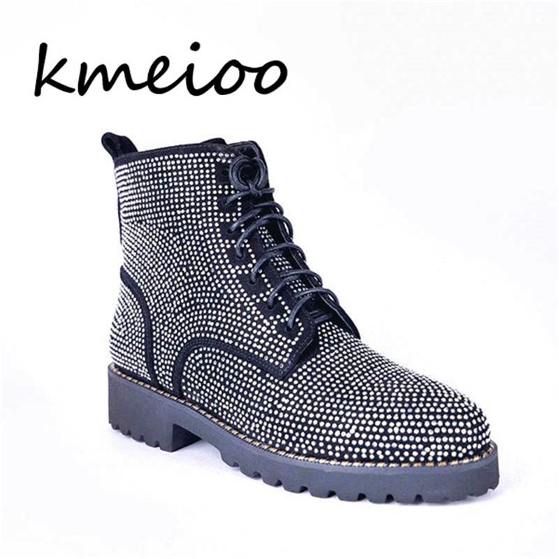 

Kmeioo Genuine Leather Women Boots Lace Up Flat Biker Combat Black Boots Shoes Woman botas Women Size 35-43, Gray