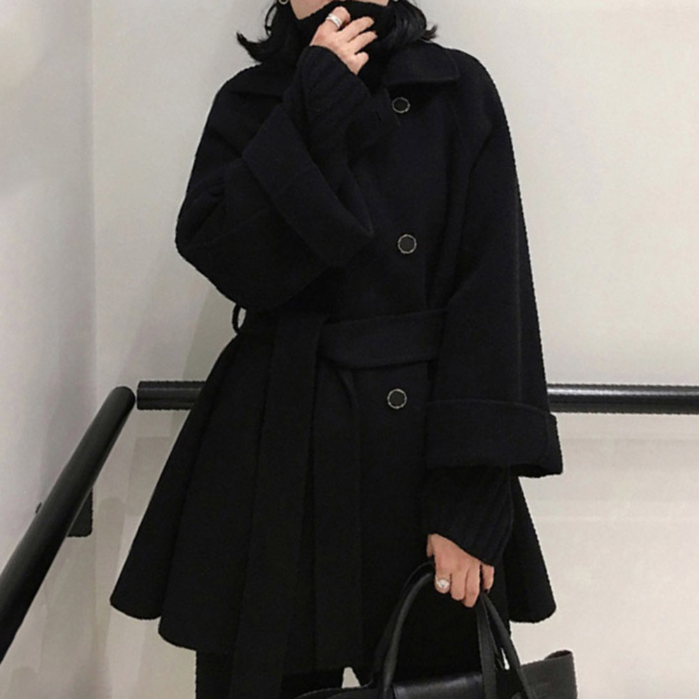 

2021 Winter Coat From Women's Vintage Black Solid Hepburn Casual Lace Up Mixtures of Wool Double-breasted Outwear A208