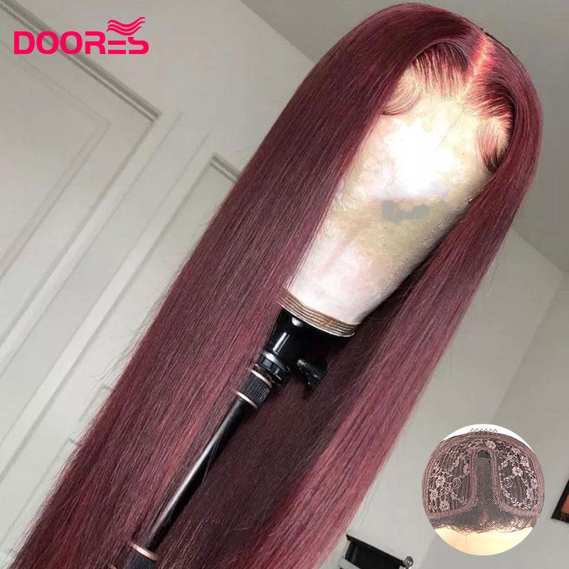 

Brazilian Straight T Part Lace Wig 99J Colored Human Hair Wigs for Black Women Remy 150% Lace Part Wig M Doores