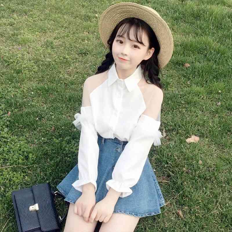 

Korean Sweet Mesh Women Shirts Vintage Collar White Lace Stitching Chiffon Tops Off Shoulder Clothes Sexy Office Ladies Blouses