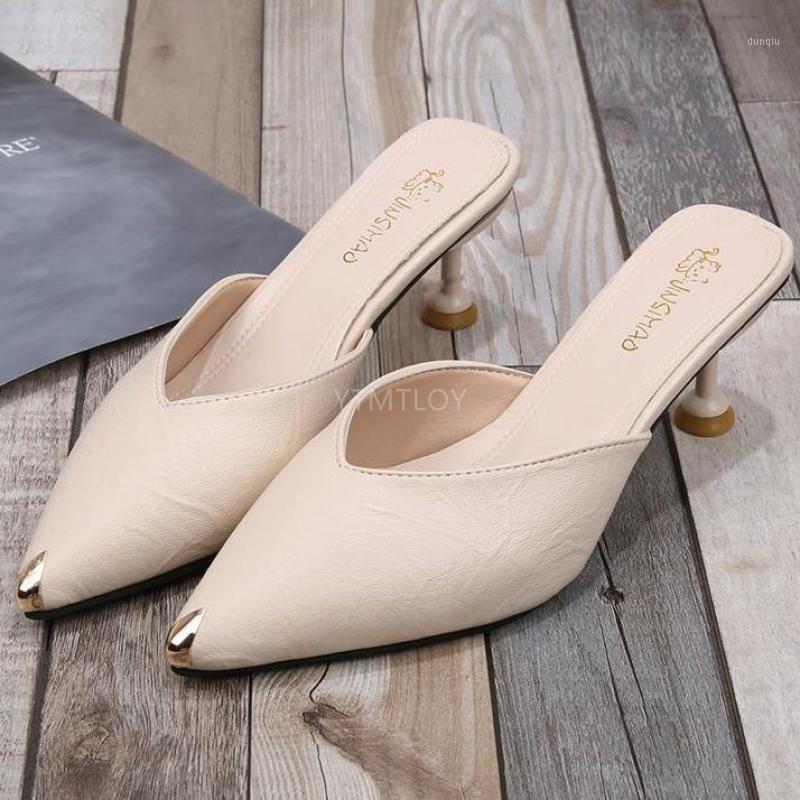 

New High Heels Shoes Woman Pointed Toe Shallow Ladies Elegant Mules Outside Zapatillas Mujer Casa Sapatos Femininos1, Beige