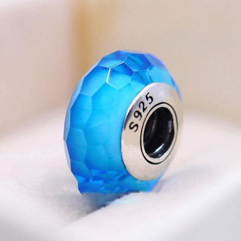 

925 Sterling Silver Aqua Fascinating Faceted Murano Glass Beads Fit Jewelry Charm Bracelets & Necklace