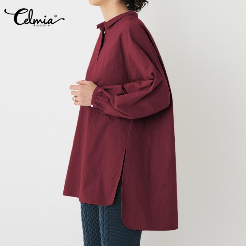 

Celmia Vintage Solid Tops Women' Long Sleeve Fashion Blouses Autumn Female Elegant Office Blusas Casual Asymmetrical Shirt 5XL, Blue