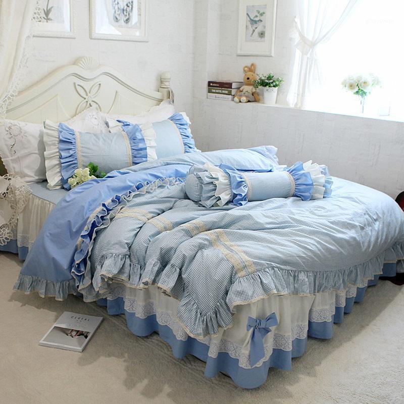 

Top sweet ruffle bedding set plaid ruffle duvet cover bedding sun flower lace with bow bedspread elgant bed sheet for princess1, As pic