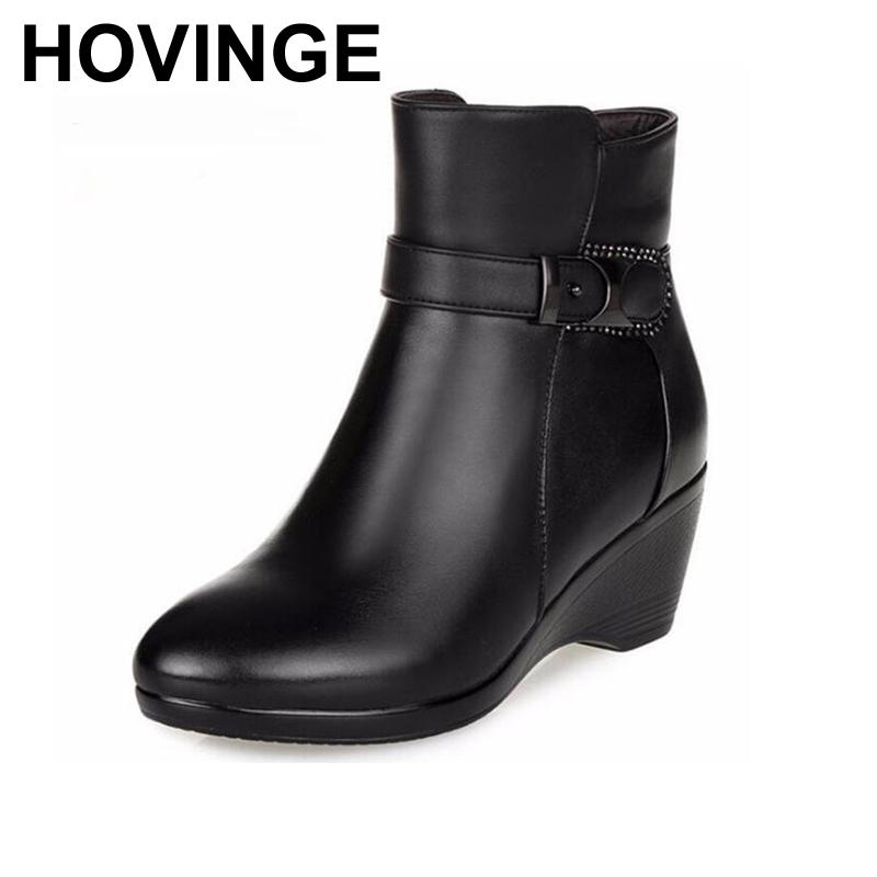 

HOVINGE Winter Shoes Warm Comfortable Inside Plush or Wool Boots Snow Boots Non-slip Slope with High Heels Real Leather, Black wool boot