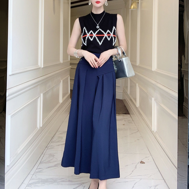 

2021 New Autumn Style Printing Stretch Elegant Knitted Shirt Temperament Plied Leg Wide Women' Pants Two High Quality Pieces Kp40, Navy blue.