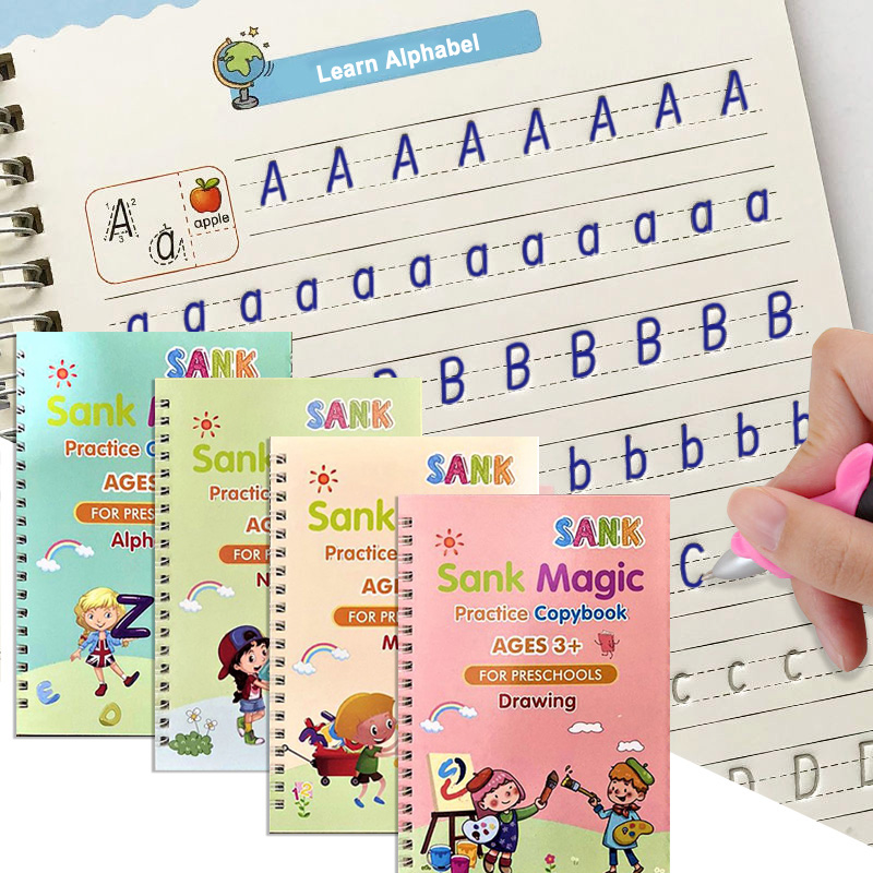 

4 Books/Sets of Children's Magic Books, Reusable 3D Calligraphy Copybooks, English Number Lettering Magic Practice Copybooks