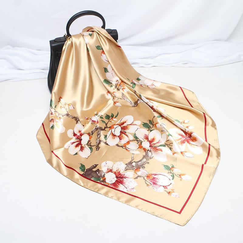 

Hijab Scarf For Women Chinese Style Dark Green Magnolia Flower Print60X60CM Square Neckerchief Headband Scarves For Ladies WJ441