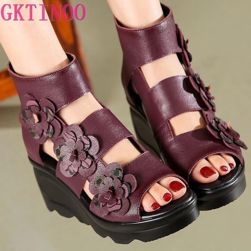 

GKTINOO 2021 Ethnic Style Genuine Leather Women Shoes Sandals wedges Sandals Handmade Genuine Leather Personalized Women Sandal, Black