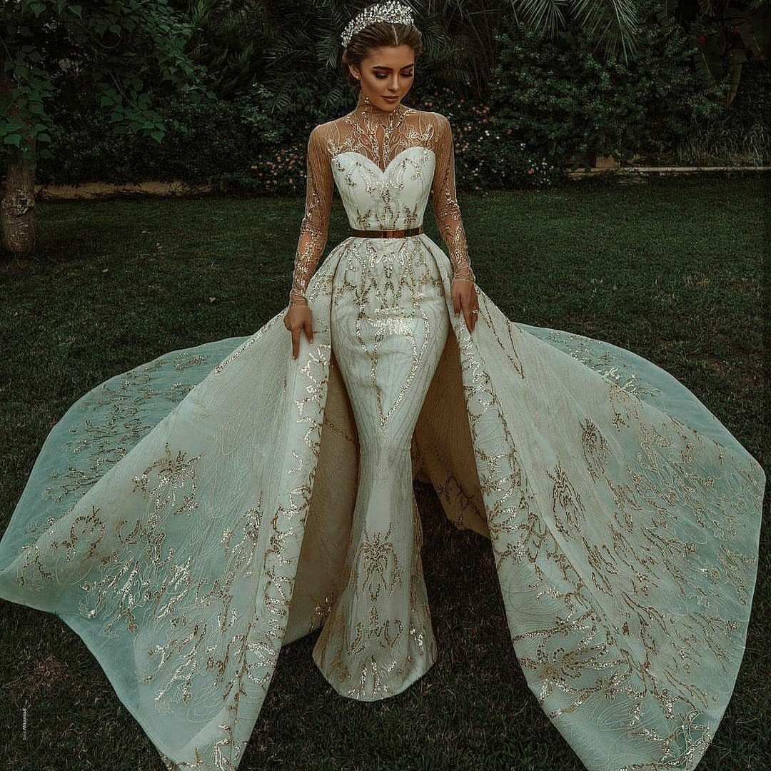 

Saudi Arabic Sequins Wedding Dresses with Detachable Train Lace Sheer Long Sleeve Bridal Gowns Luxurious Vintage Robes De Mariée, Water melon
