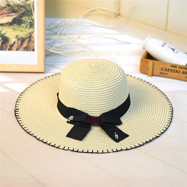 

QINGLV003 Summer Women's Casual Large Brim Black Ribbon Straw Sun Hats Holiday Caps Party Hats Bowknot Casquette Caps, White