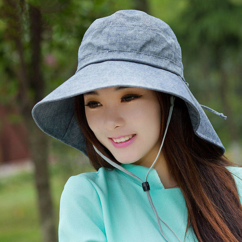 

New Fashion Women Floppy Cotton Sun Hat With Bow Wide Large Brim Cap Summer Beach Foldable Neck Anti-Ultraviolet Hats, Khaki