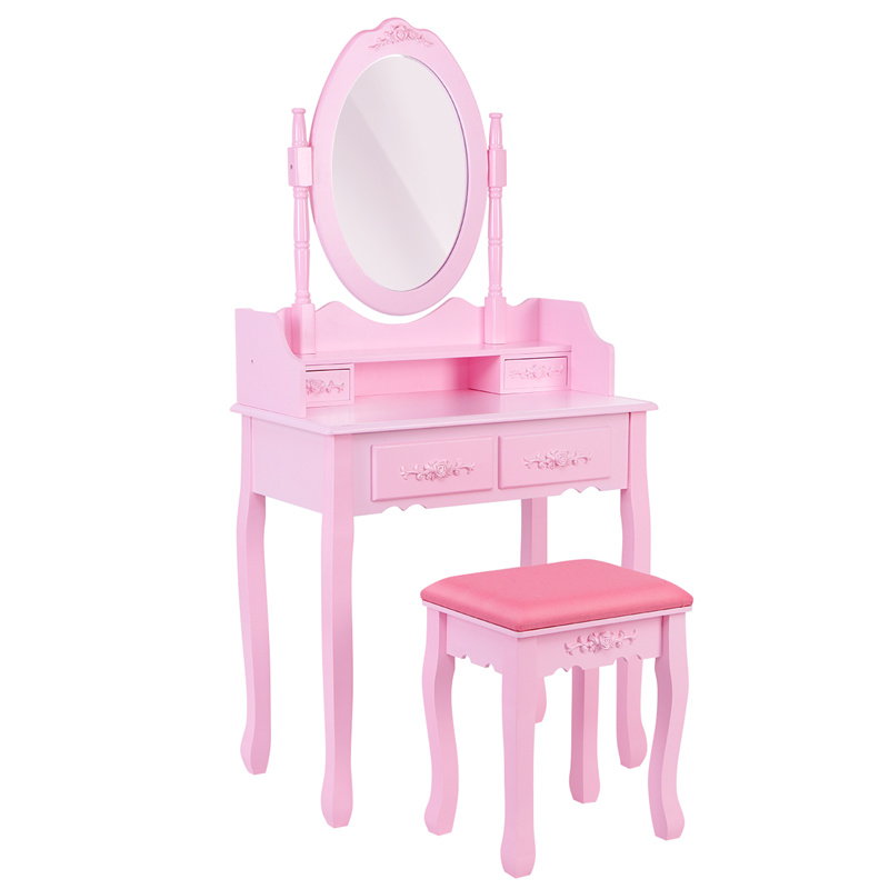 

US stock Pink Vanity Makeup Dressing Table with Oval Mirror and Drawers for Girls Makeup Desk Sets