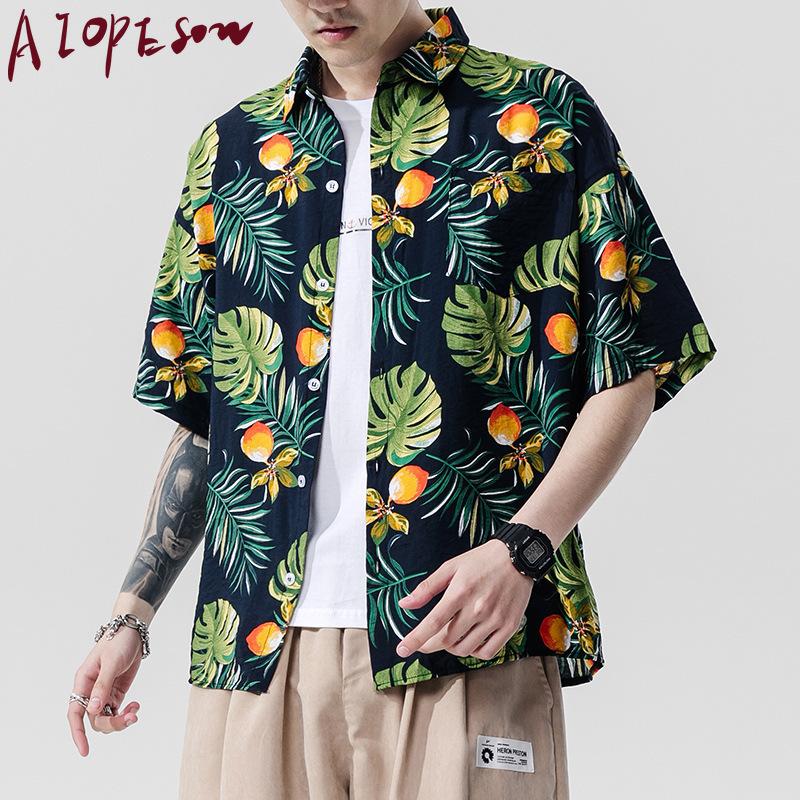 

2020 Summer New Mens Shirt Beachwear Printing Fashion Casual Street Trend Loose Oversize Shirt Men Short Sleeve Leisure Men, Navy blue