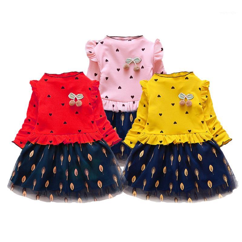 

2020 Girls Dress Spring And Autumn New Dress Girl Baby Long Sleeve Cute Leaf Mesh Stitching Love Casual Fashion New1, Pink