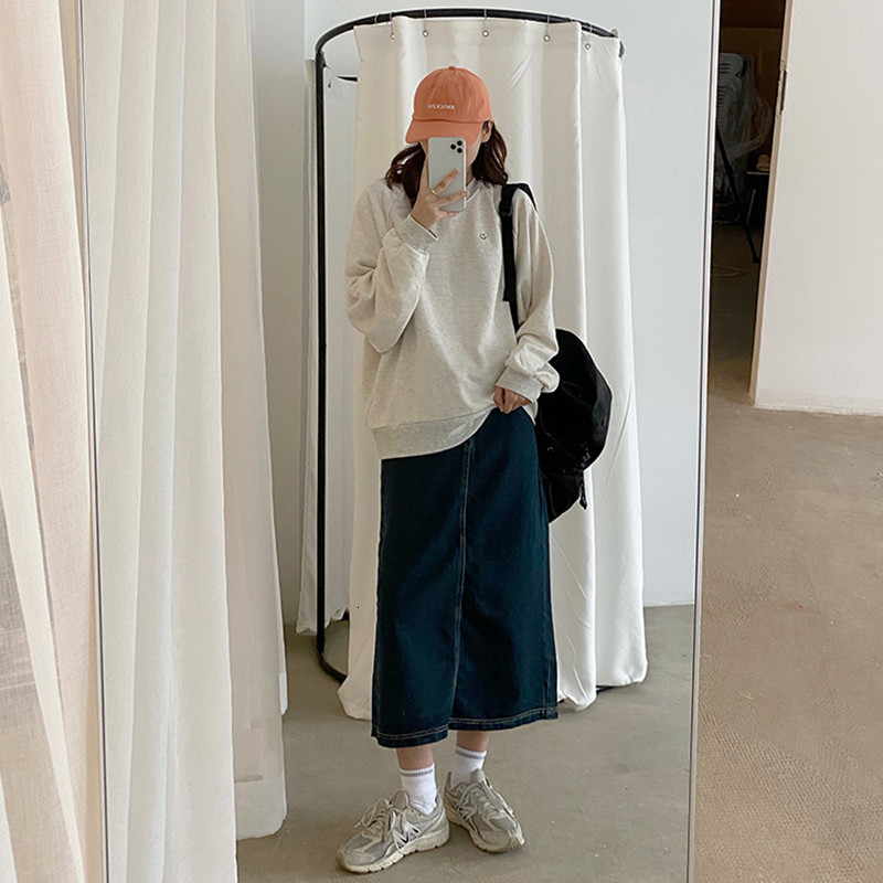 

2021 New S-L long denim Korean waist midi women's skirts share jean style skirt female jeans (f8015 W8TJ, Grey howls