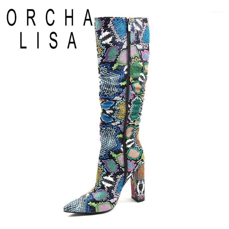 

ORCHA LISA Colorful Snake Skin Boots Women High Heels Thick Mid-calf Boot Distressed Pointed Toe Zip Shoe Pleated Boots Slouch1, Brown