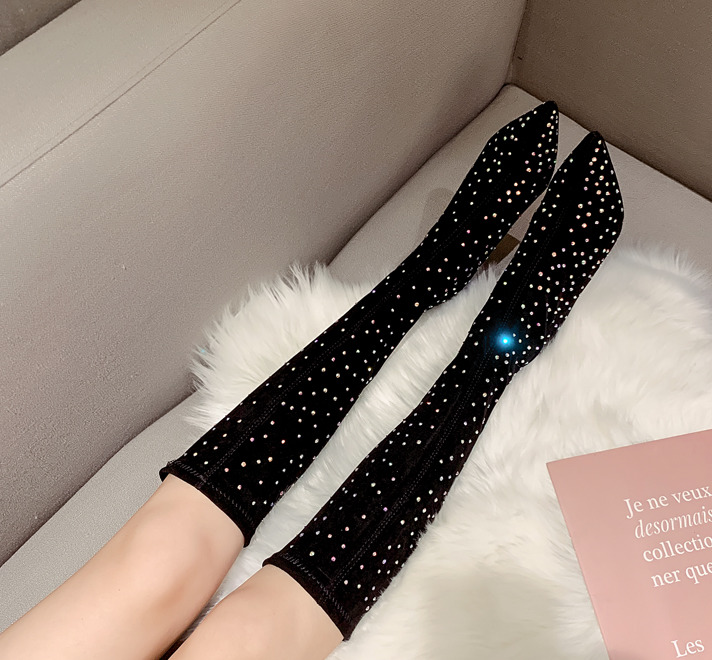 

2021 New Autumn and Winter Pointed-toe Women's in Heels High-heeled Glass Elastic Boots 2n8a, Black