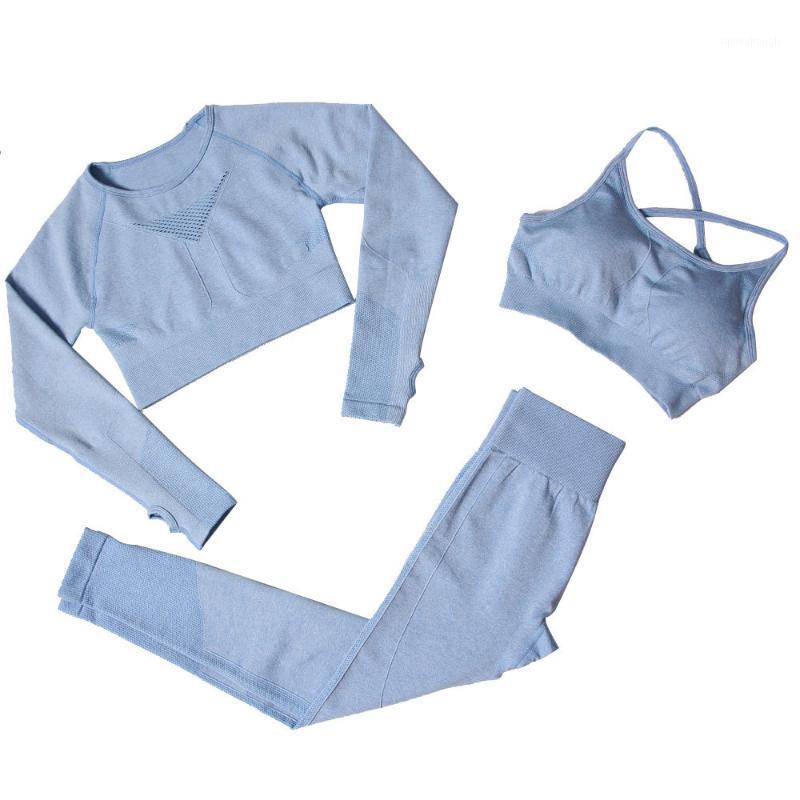 

Sportswear Seamless Yoga 3 PCS Set Women Gym Clothes Bra+ Long Sleeve Crop Top High Elastics Pantalones Fitness Tracksuit1, Dark gray bra set
