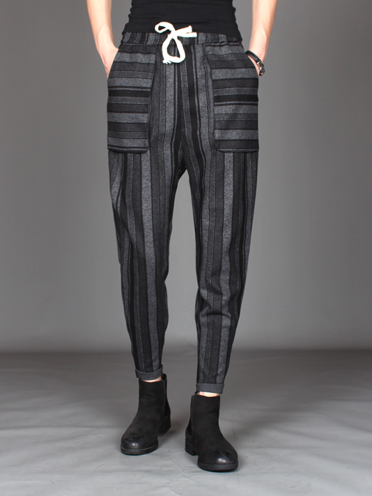 

2021 New Male Korean Version of Loose Little Striped Feet Hare Personality Pants Autumn Occasional Pant Wool Winter B17A, Black