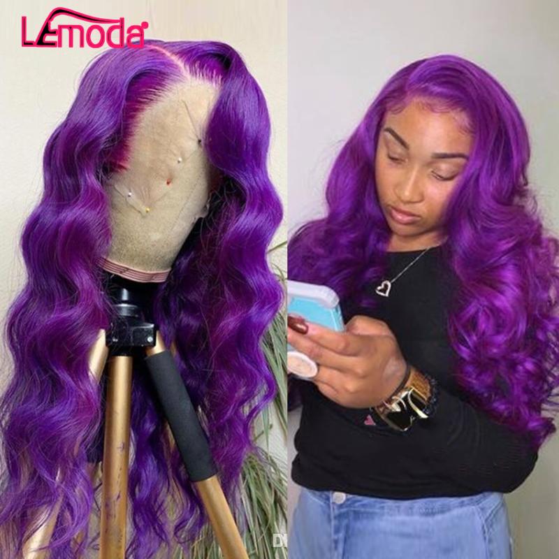 

Body Wave Lace Front Wig Colored Purple HD Transparent Lace Frontal Wig Preplucked Brazilian Remy13x1 Front Wigs For Women, As pic