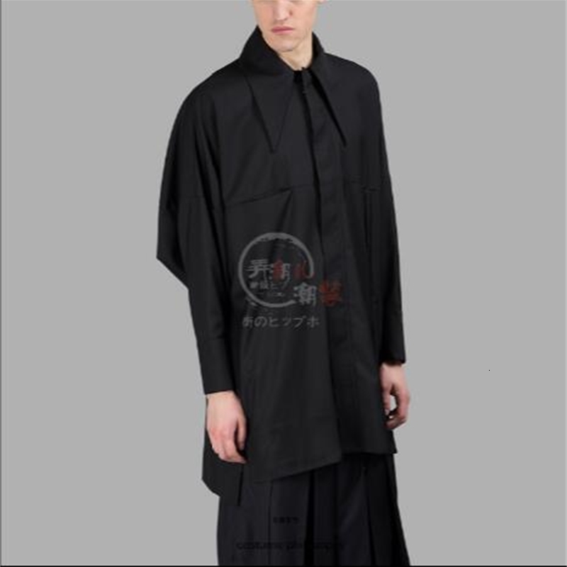 

2021 Spring Summer New Casual Loose Long Sleeve Neck Young Designer Shirt Pure Male Hair Color Coat Loose. S-6xl!! JZEI, Black