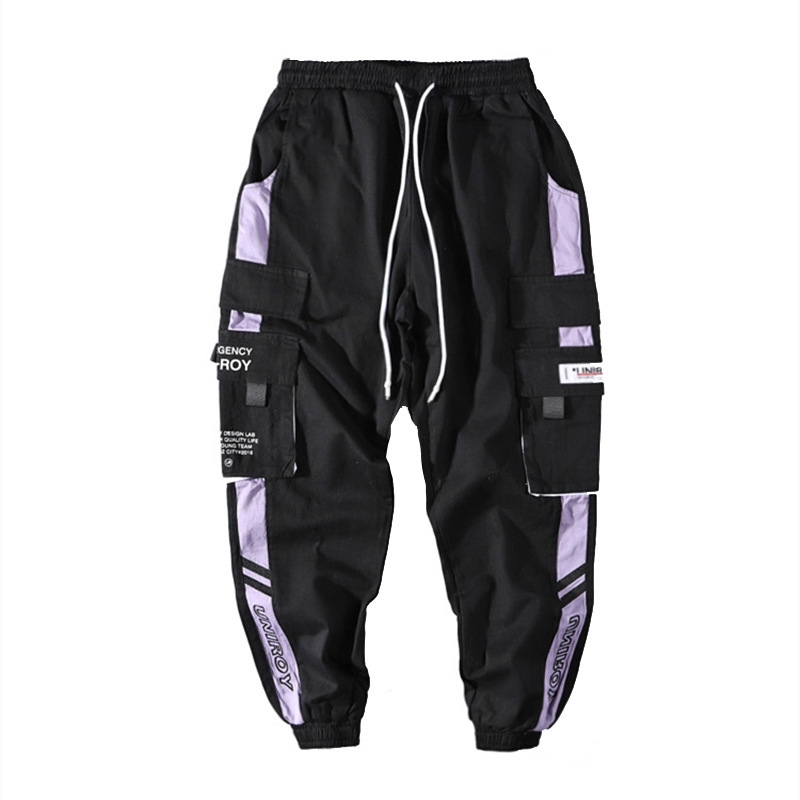 

Hip Hop Ribbons Cargo Pants Men Joggers Pants Mens Streetwear Military Pants Fashion Male Elastic Waist Pant Cotton Black 201125, Csp-k62purple