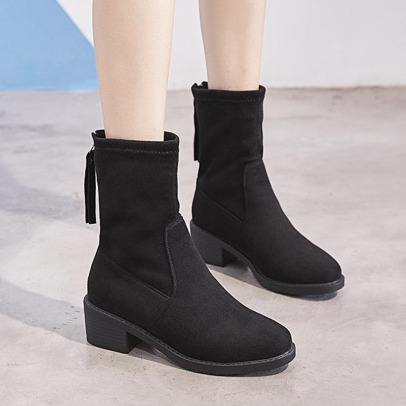 

GOXPACER Autumn Boots Women Tassel Motorcycle Boots Mid Heels Thick Round Toe Plus Size Trend Back Zip Square Heel, Black
