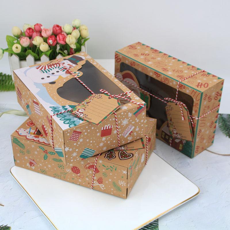 

12pcs/lot Christmas Cookie Boxes Bakery Gift Boxes European Style Kraft Paper Box Kraft Paper Large Xmas Candy Box