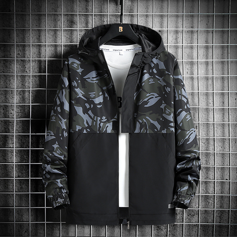 

2021 New Mens Autumn Windbreaker Coat Patchwork Camo Hoodie Jacket Men Fashion Tops Slim Fit UIZM, Purple