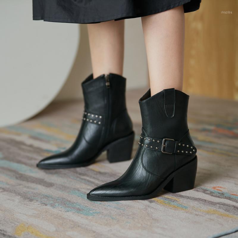 

Boots Women Microfiber Pointed Toe High Heel Ankle Boots Rivet buckle Thick Square Heel Slip On Western Cowboy Women1, Brown