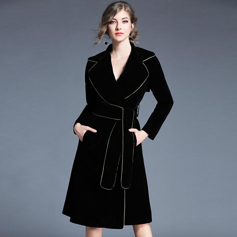 

Women Clothes 2020 High-end atmosphere Gold trim line Trench Coat Solid Color Warm Fashion Gold velvetLong Coat Women, Black