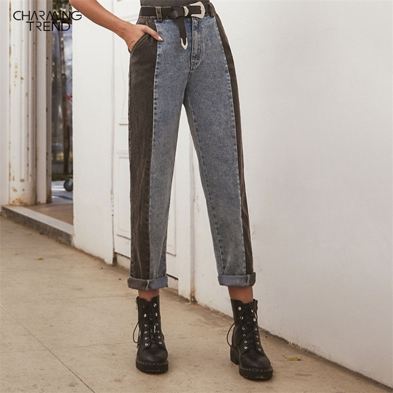 

Retro Rhetoric Contrast Women's Jeans Long Pant Summer Autumn Ladies Trousers Denim Women High Waist Jeans Stitching 201105, Splice jeans