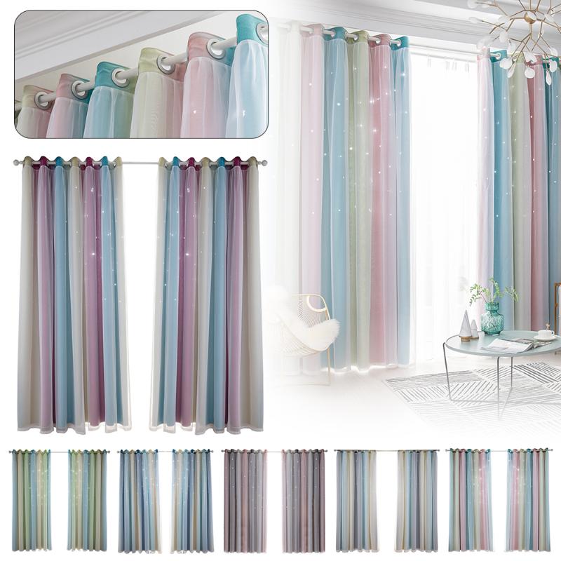 

100x200CM Romantic Rainbow Color Sheer Curtain Yarn Girl Kids Bedroom Full Blackout Window Drapes Hollow Star Curtain Home Decor, White