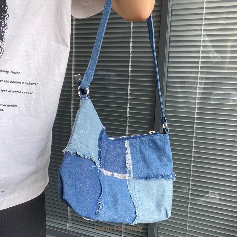 

Underarm Fashion Design Women Denim Bag Contrasting Color Ladies Small Shoulder Bags Vintage Female Clutch Purse Tote Handbags, Blue