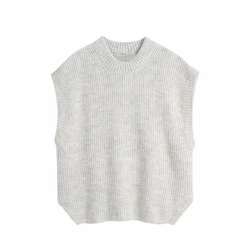 

2021 New Elegant Women O-neck Sweater Tanks Fashion Ladies Soft Solid Knitted Tops Streetwear Female Chic Causal Polyester Vest Kbcx, Gray
