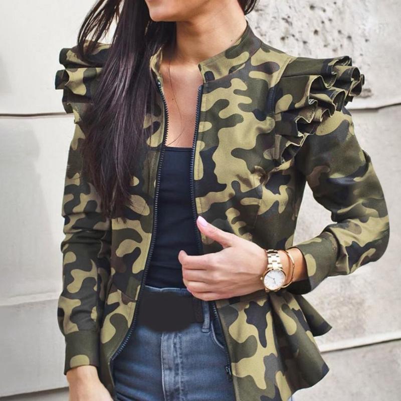 

Autumn Women Short Jacket Plaid Ruffle Shoulder Long Sleeve Zip Up Outerwear Camo Coat Female Casual Plus Size Jacket1, Heart dot