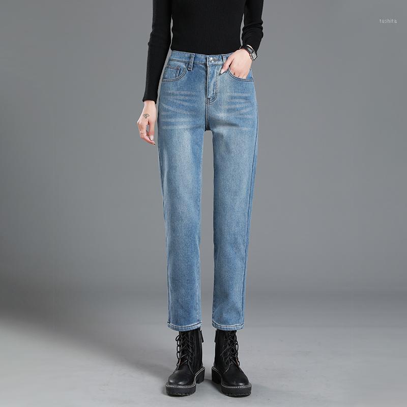 

2021 Women Vintage Jeans Fashion Winter Warm Pants High Waist Straight Denim Light Blue Korean Jeans Stretch Trousers Mom1, Dark blue no plush