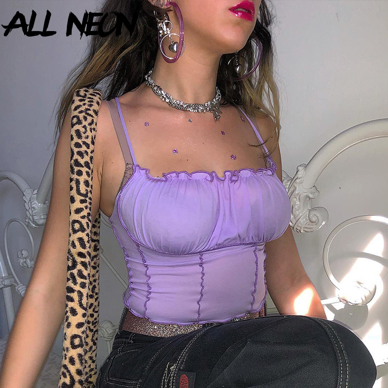 

ALLNeon Ruffles Cropped Tops Solid Spaghetti Strap Backless Summer Tops Vintage Tanks Tops E-girl Style Sweet Camis Streetwear Y200701, Purple