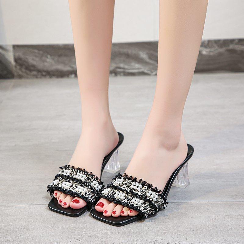 

High Heels Slipper Women Pumps Summer Slides Fashion Rubber Flip Flops String Bead Pantofle Women Slippers Zapatos Femenino 2021, Black
