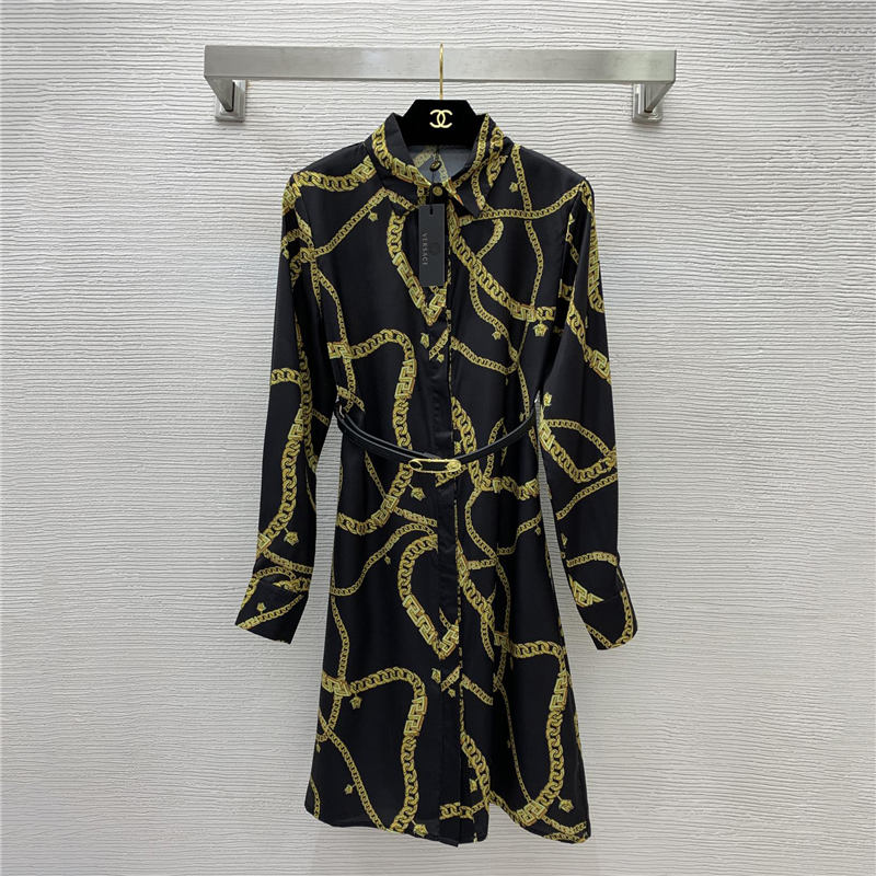 

Versace Dress Designer Print Womens Casual Dresses With Belt Fashion Brand Lady Long Sleeve Shirt Skirts, Black
