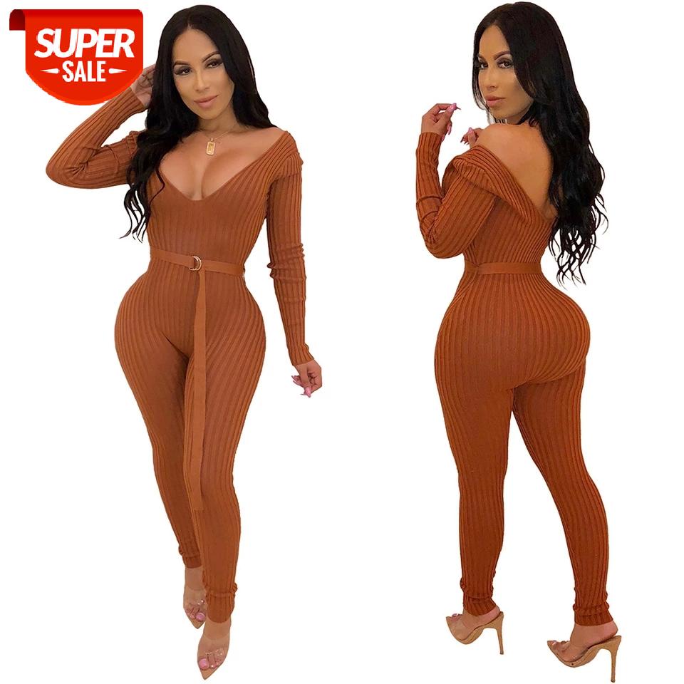 

Sexy Low Cut V-neck Jumpsuit Women Long Sleeve Cold should Knit Skiny Lady Bodycon Waist Cincher Night Club Party Female Outfits #A71S, Black;white