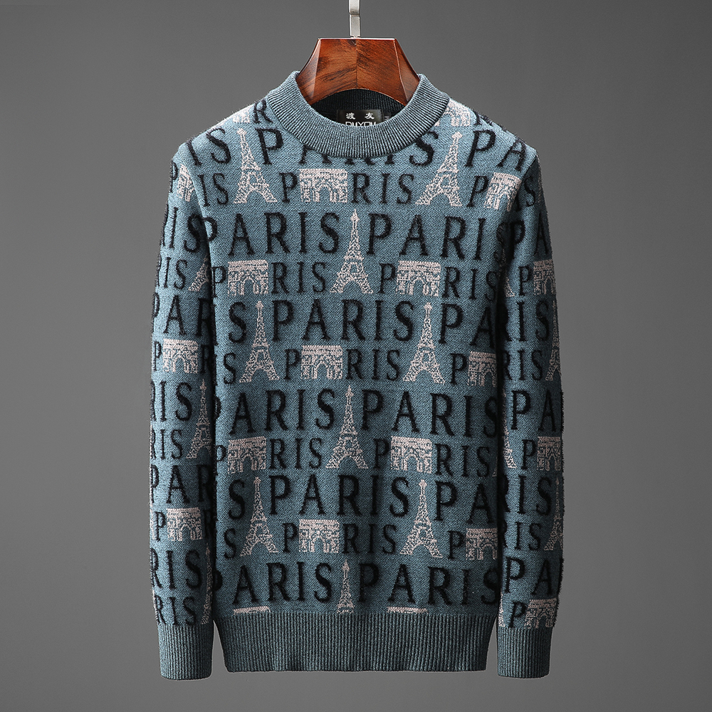 

Paris Knitwear Mens 2021 Harajuku Fashion Male Loose Tops Casual Streetwear Pullover Sweaters Jore, Blue