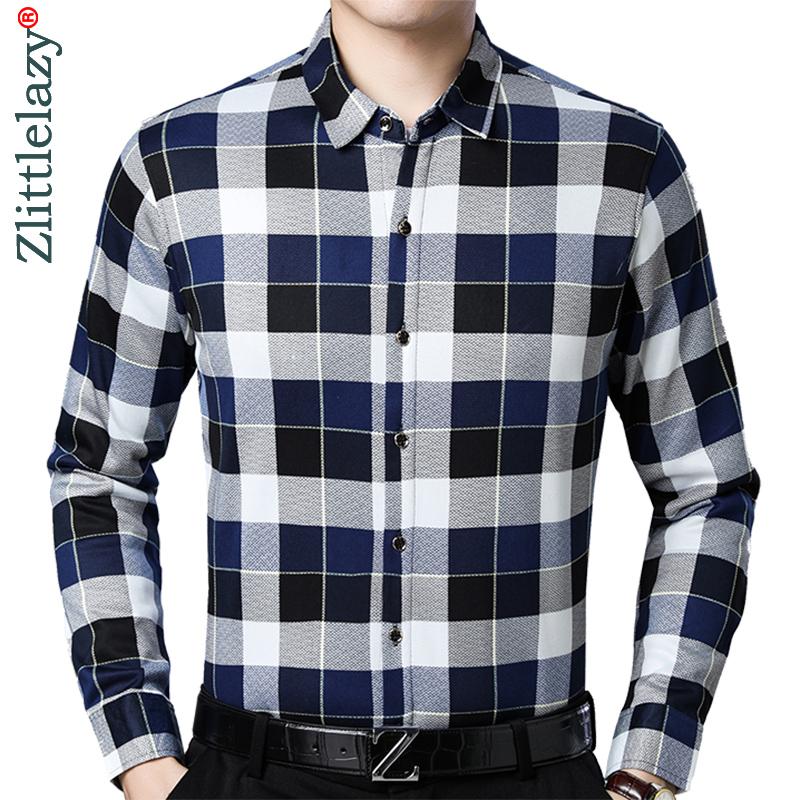 

2020 Brand Casual Winter Warm Thick Luxury Slim Fit Plaid Men Shirt Streetwear Social Dress Shirts Mens Fashions Jersey 02107, Blue