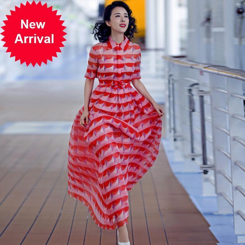 

New Summer 2021 Women' Fashions Elegant Holiday Style Dressed in Geometric Print Short Lapels Luxury Midi Dress Party Clothes ZRJV, Blue