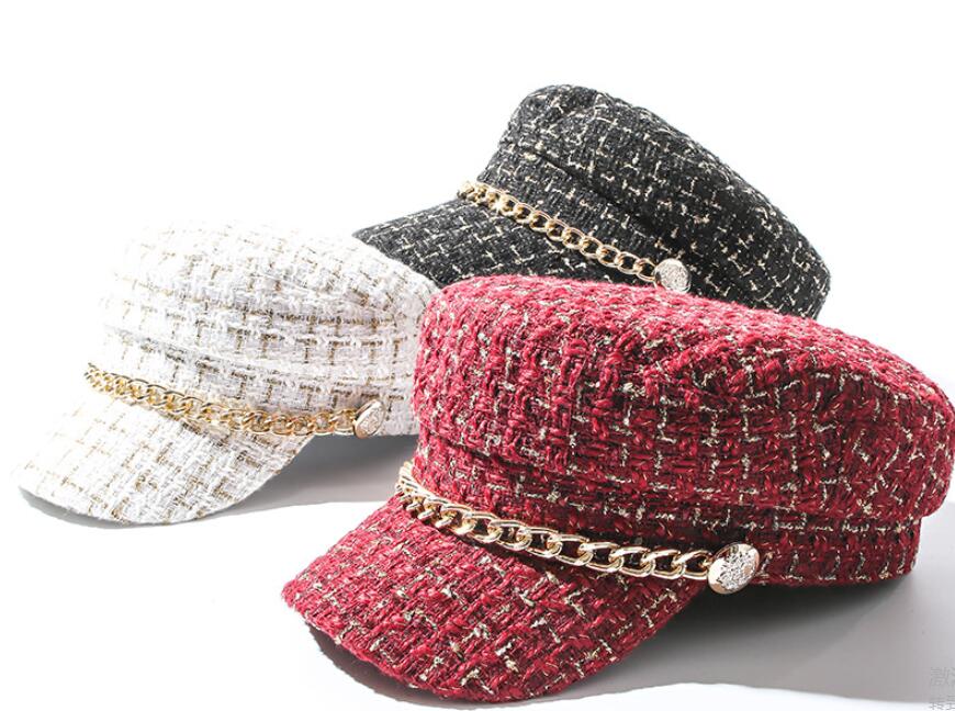 

2021 Autumn Winter tweed Chain Military Hat For Women Wool Flat Army Cap Salior Hat Girl Visor Travel Berets plaid newsboy cap, White