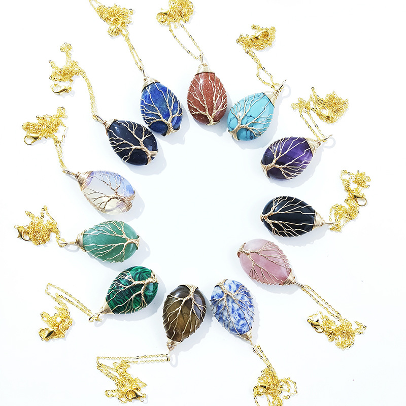 

Stone Crystal Waterdrop Charms Necklaces Copper Twine Tree of life Wire Wrap Pendant Amethyst Tiger Eye Rose Quartz Wholesale Jewelry for Women
